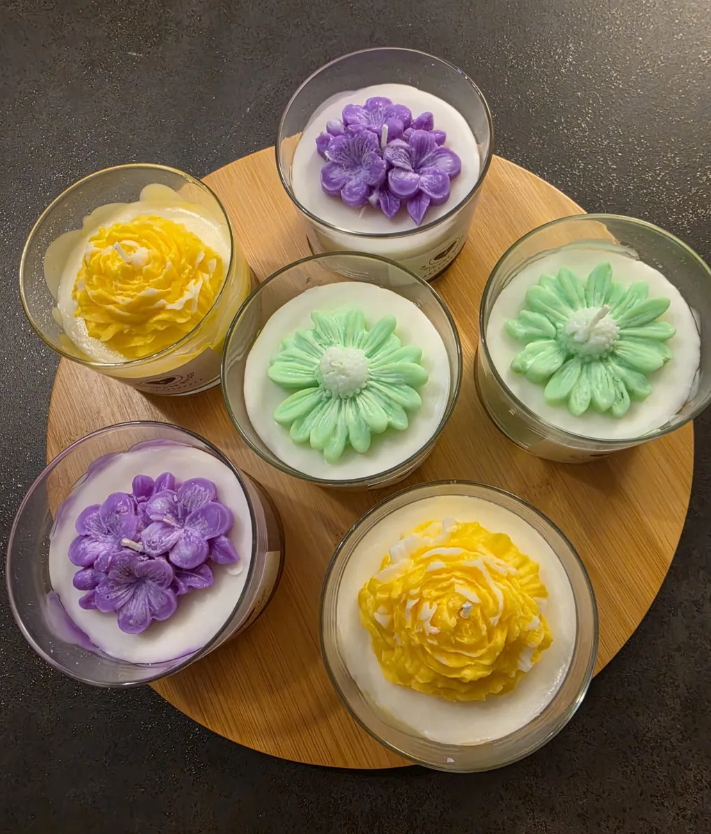 Bougies en verrine surmontées de fleurs en cire colorées